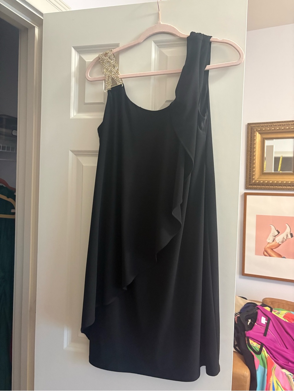 Black One-Shoulder Dress with Gold Embellished Strap